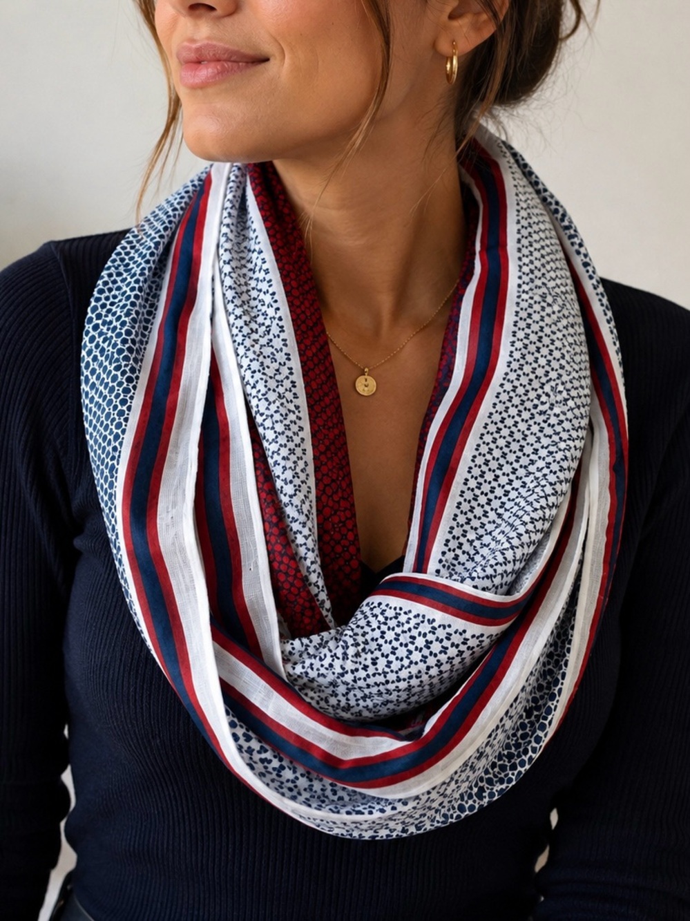 Source Unknown Red, Navy & White Patterned Infinity Scarf